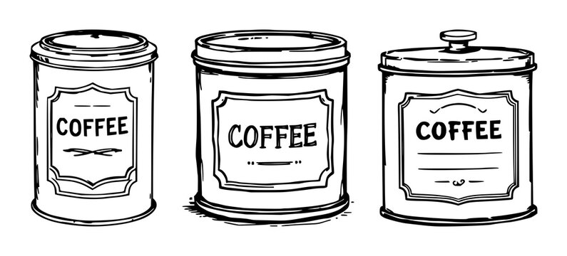 Coffee tin set with sketchy black line art featuring antique, label, beverage with white background and vintage packaging