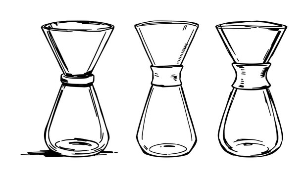 Chemex set with rough sketchy art and clear glass design featuring coffee, pour-over, brewing with glass and white background