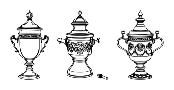 Russian samovar set with sketchy line art and ornate brass featuring samovar, Russian, coffee with white background and illustration