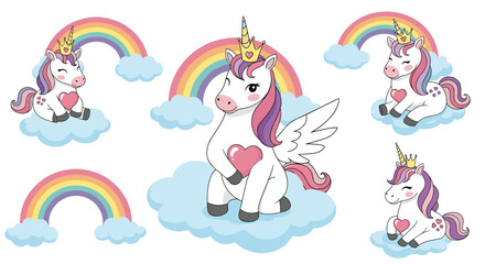 Naklejka premium Sweet collection of baby unicorns with crowns and wings sitting on soft blue clouds and holding pink hearts under colorful rainbows.