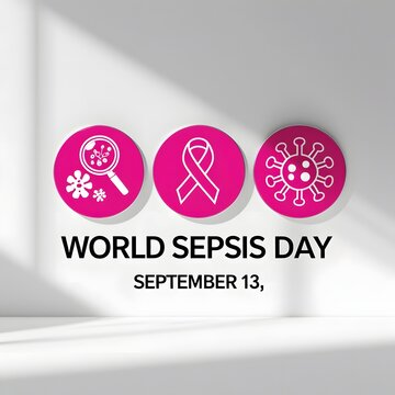 World Sepsis Day Awareness Concept With Pink Ribbons, Microbe Icons And Medical Magnifier