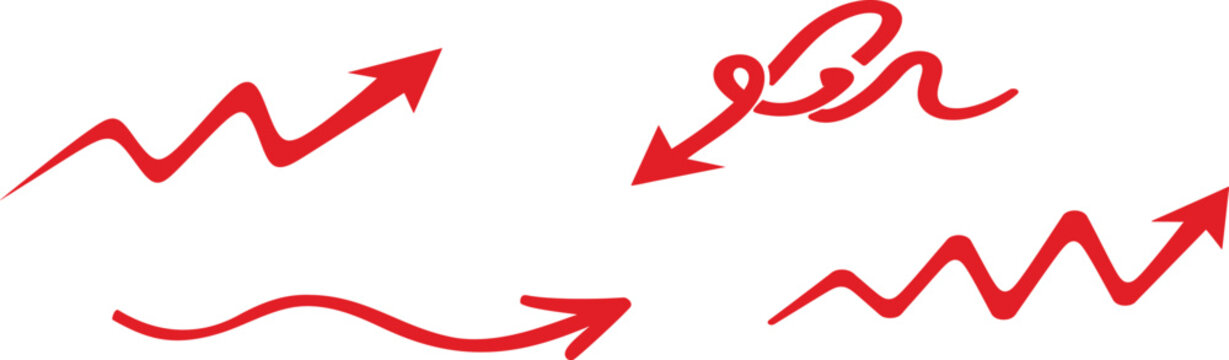 Red arrow collection dynamic lines and curves illustrating growth decline and directional movement