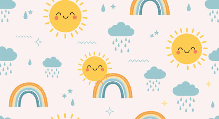 Fototapeta premium Gentle seamless pattern featuring happy suns, colorful rainbows, blue rain clouds, and falling droplets on a soft pink background.