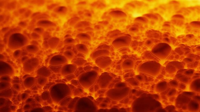 Tracking shot closeup of glowing orange bubbles rising and coalescing on backlit liquid surface in studio macro setting