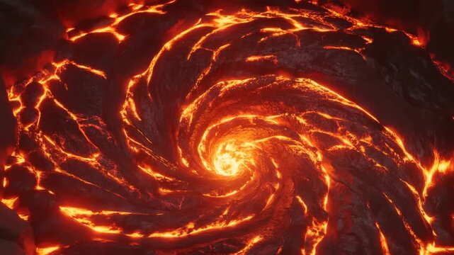 Aerial slow motion tracking pan of molten lava swirling and flowing inside volcanic crater caldera with glowing fissures and spiral vortex