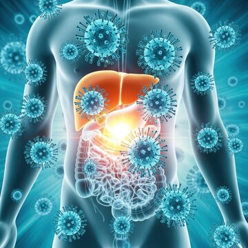 Illustration of the human body with viruses attacking the liver and digestive system