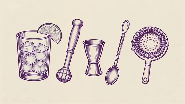 Artisanal Cocktail Tools: Glass, Muddler, Jigger, Spoon, Strainer