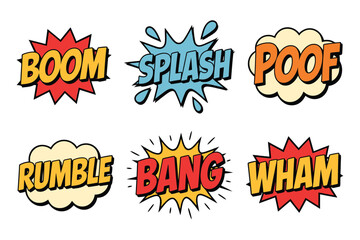 Colorful comic book sound effects boom splash poof and more © pintu