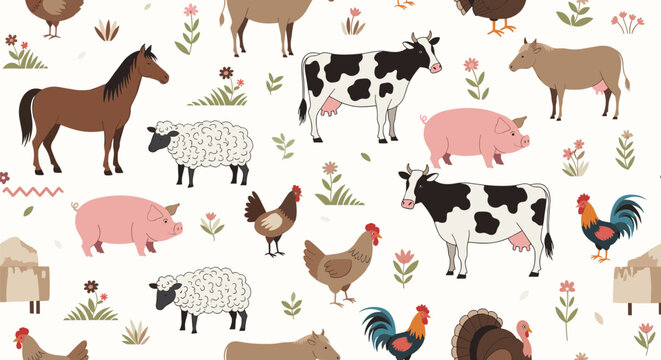 Seamless pattern shows a variety of farm animals like cows, pigs, horses, and sheep grazing in a beautiful flowery field.