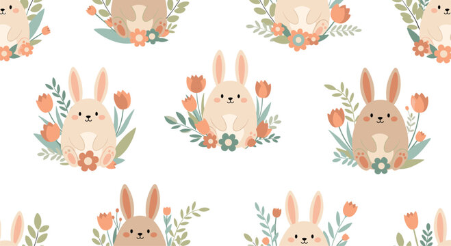 Adorable rabbit pattern features cute bunnies surrounded by soft peach flowers and green leaves in a repeating design.
