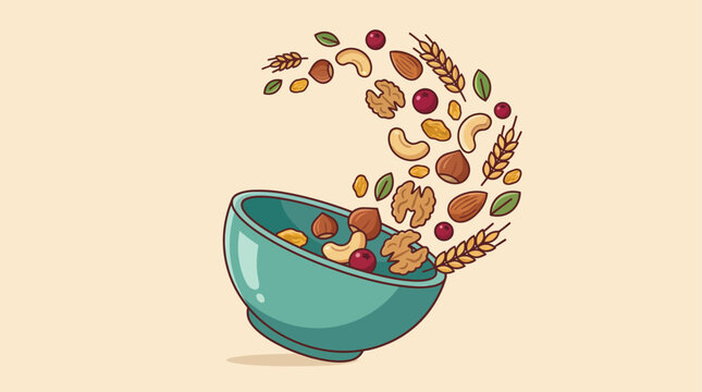 Vector illustration of mixed nuts and grains falling into a turquoise bowl on beige background, concept for healthy breakfast promotion, organic food packaging and nutrition diet banner