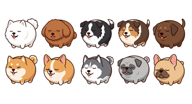 Large Collection of Round Dog Breed Icons Set, Cute Sleeping Puppy Faces from Husky Pug Corgi to Shiba Inu Vector Illustration for Pet Lovers
