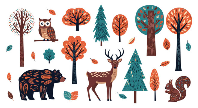 Collection of woodland autumn forest elements featuring stylized trees, a patterned bear, deer, owl, and a squirrel with falling leaves.