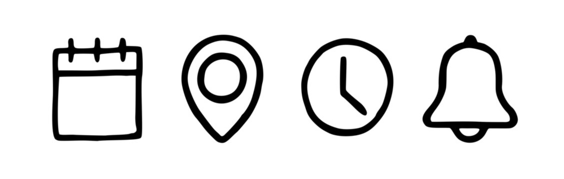 date time place bell notification icons clock map pin calendar hand drawn doodle icon vector collection
