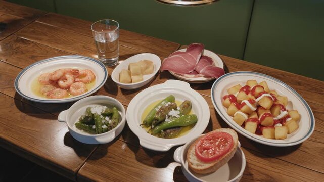 Spanish Tapas Selection on Rustic Table - Patatas Bravas, Pimientos de Padr&oacute;n, Gambas al Ajillo, Jam&oacute;n Ib&eacute;rico, and Tomato Bread.