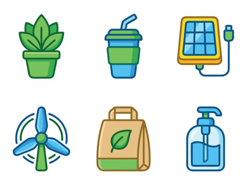 Set of eco friendly sustainability icons and green energy symbols.