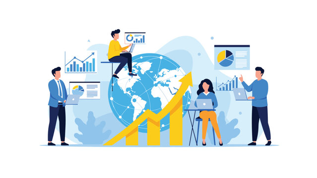 Diverse team of professionals working on laptops around a globe with rising data charts representing global business growth.