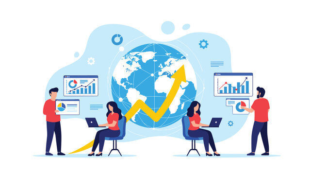 Global business team working on laptops around a world globe with a rising arrow symbolizing international economic growth.
