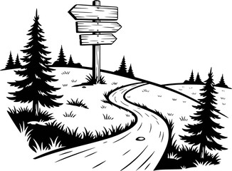 Black and white of a winding path and directional signpost in a forest landscape © Ashik