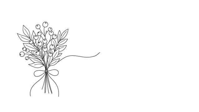 Elegant black and white line art of a berry bouquet tied with a ribbon representing simple and natural botanical decoration.