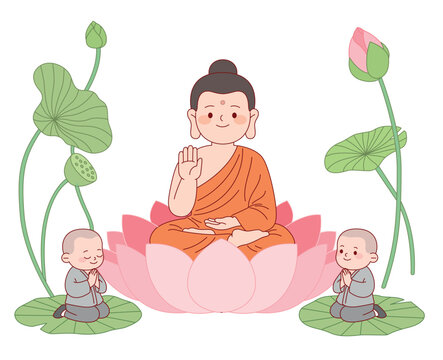 거대한 연꽃 위에 앉아 수인을 맺는 부처님과 예불을 올리는 두 동자승 캐릭터, 불교 일러스트 Buddha Character in Mudra Sitting on a Giant Lotus and Two Praying Little Monks, Buddhism Illustration