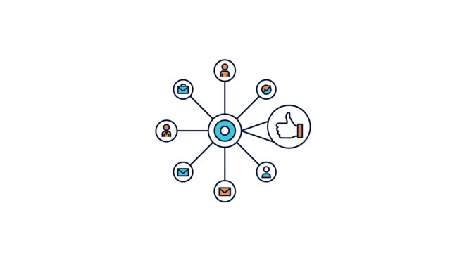 Central network node icon connected to several professional business symbols including users, email, briefcases, and a thumbs up.