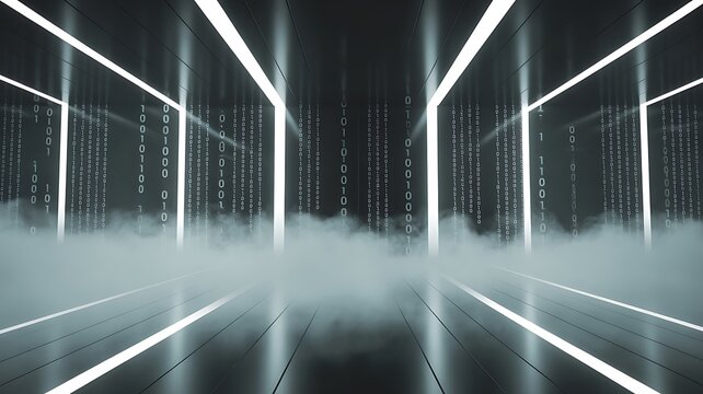 Futuristic data center corridor with glowing lights and fog on reflective floor