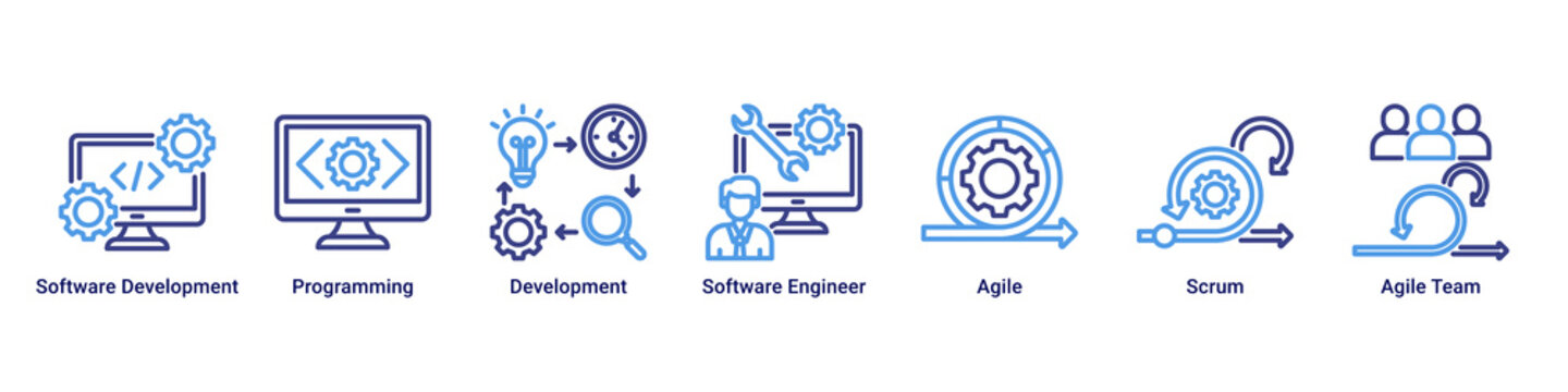 Agile Development devops banner with programming,software engineering and scrum workflow icons for modern development process