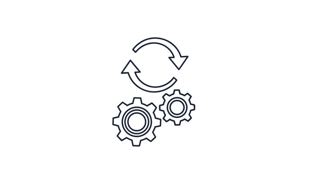 Simple line art icon depicting two interlocking gears and circular arrows symbolizing a continuous process or mechanical synchronization.