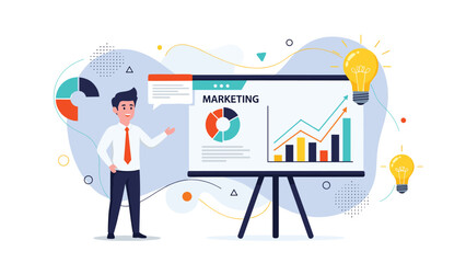 Naklejka premium Professional businessman presenting marketing strategies on a large board with charts and graphs inspired by bright light bulb ideas.
