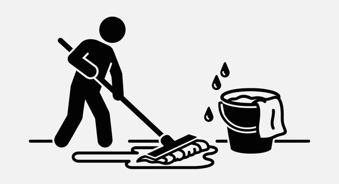 Stick figure man mopping wet floor with squeegee wiper near water bucket, commercial cleaning service and household chores concept, black and white vector icon illustration
