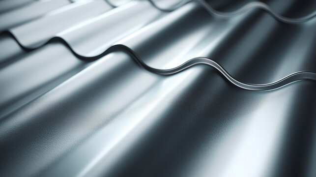 Close-up of corrugated metal roofing with smooth silver waves and industrial construction material texture