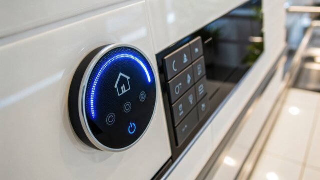 A modern smart oven control panel with a digital touchscreen and a glowing blue circular dial.