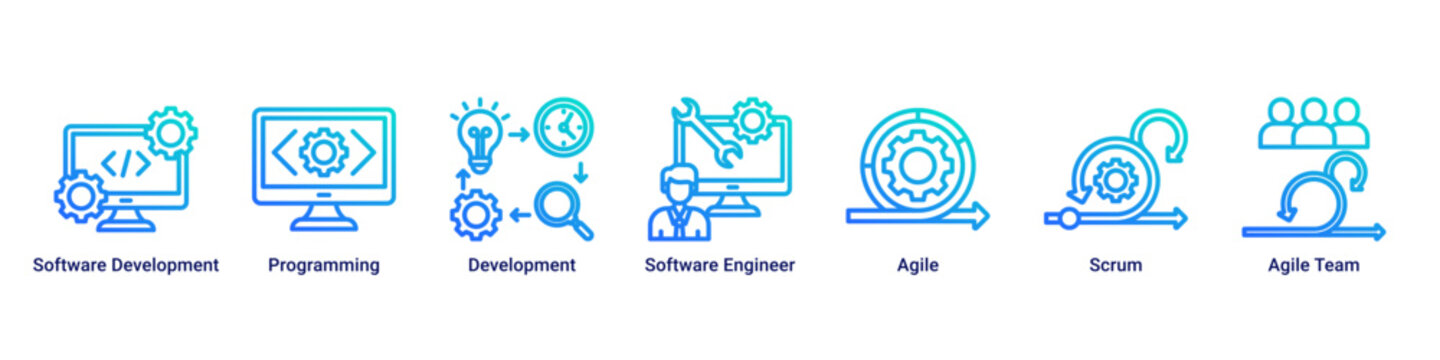 Agile Development devops banner with programming,software engineering and scrum workflow icons for modern development process