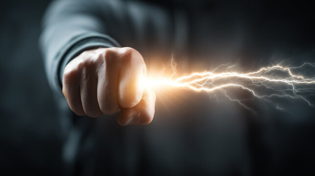 Powerful human fist generating electric energy with lightning effect in a dark futuristic scene