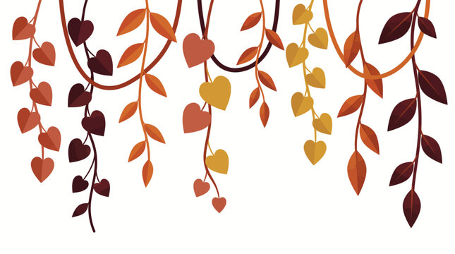 Autumn hanging vines with heart shaped and pointed leaves in warm tones on white background, concept for greeting card background, seasonal decoration and creative website banner design