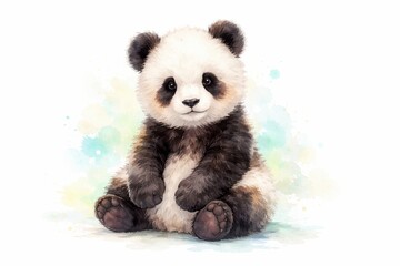 Fototapeta premium Adorable fluffy baby panda sitting and looking forward with a gentle expression isolated on transparent background