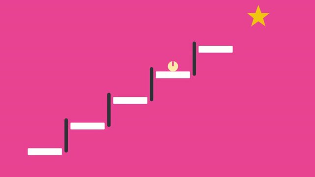 A small golden figure climbs a staircase towards a golden star on a vibrant pink background, symbolizing ambition and progress.
