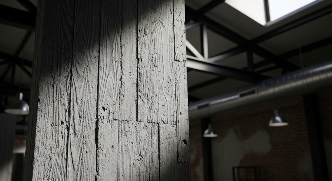 Close-up of raw concrete wall with visible wood grain formwork marks in an industrial interior setting
