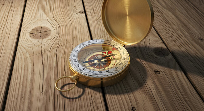 An elegant vintage golden compass open on rustic wooden planks, symbolizing guidance for the path forward and the exciting journey of discovery