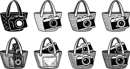 Collection of black and white hand-drawn style of beach bags and cameras for and travel themes tote bag © shahzad