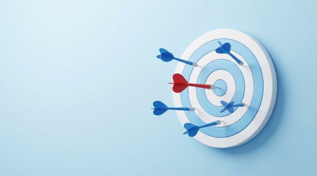 A single red dart hitting the bullseye of a light blue target with several blue darts scattered around on a solid light blue background