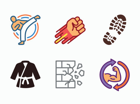 Set of flat line icons representing martial arts and strength.