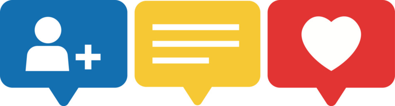 Colorful chat for messaging, friend request, and like on white background message