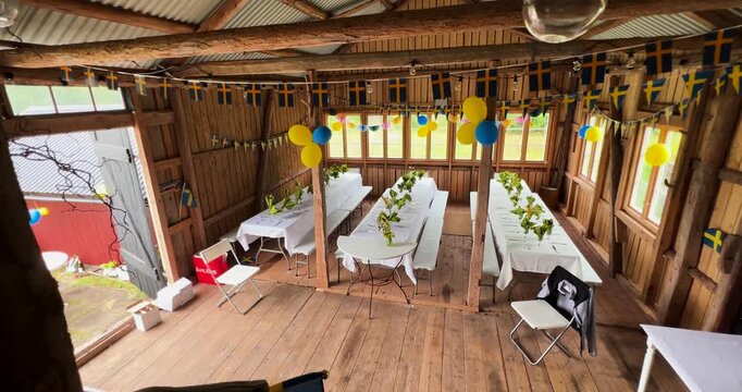large room set and decorated for a party