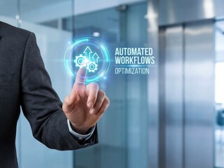 Obraz premium Businessman touching a glowing digital interface with gear and arrow displaying the text automated workflows optimization in a glass office