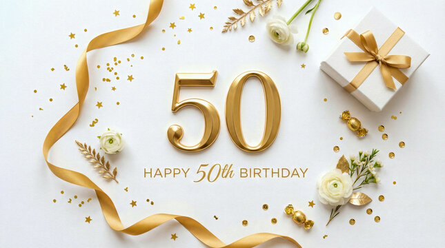 Elegant flat lay with gold 50, ribbon, gift, and floral birthday decor