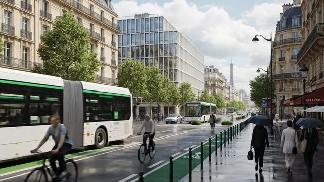 Parisian street with electric buses, cyclists, and Eiffel Tower view