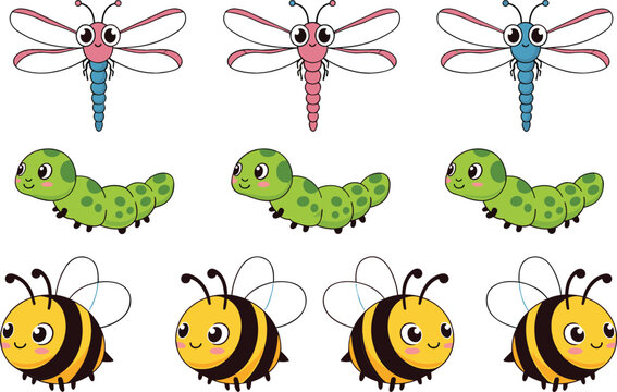 Cute cartoon insect collection with dragonflies caterpillars and bees colorful vector illustration set for kids nature and animal design