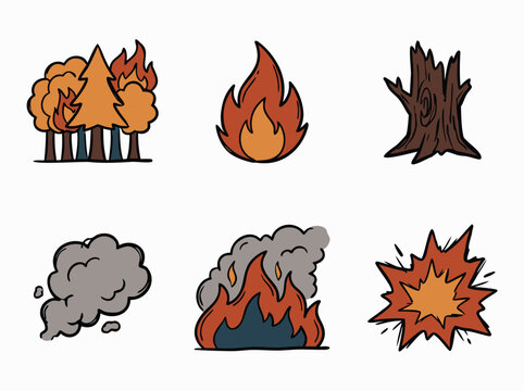 Set of hand drawn doodle fire and disaster icons.
